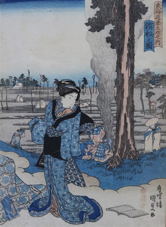 A collection of 11 Japanese woodblock prints (six framed) and three other items,